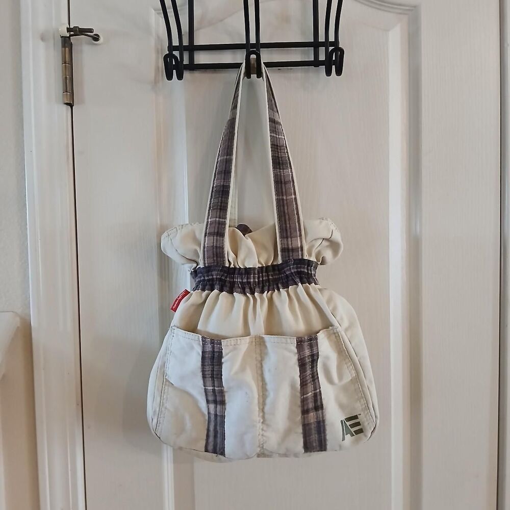 Y2K Vintage Cream American Eagle Bucket Bag Plaid Accents Grunge Indie Sleaze